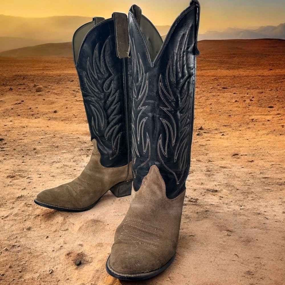 Vintage Texas Brand Boots Women‎ 7M Tan Suede Black Leather Cowboy Western 80s